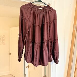 Beachlunchlounge Brown Ruffled Long Sleeve Blouse